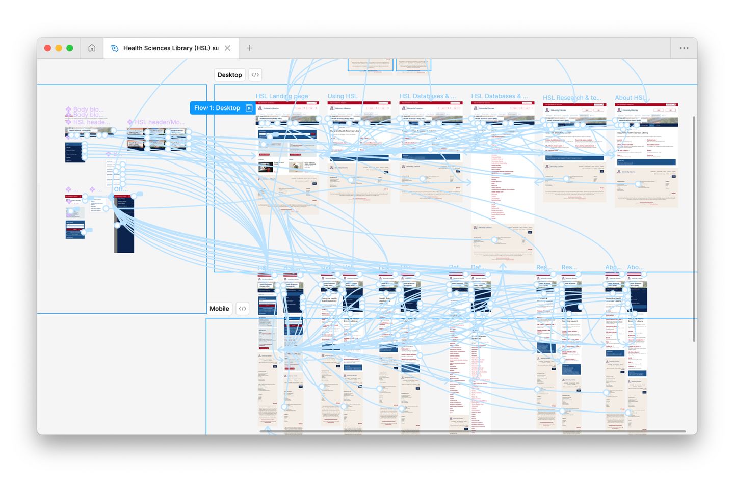 Screenshot showing many lines connecting frames in a Figma file