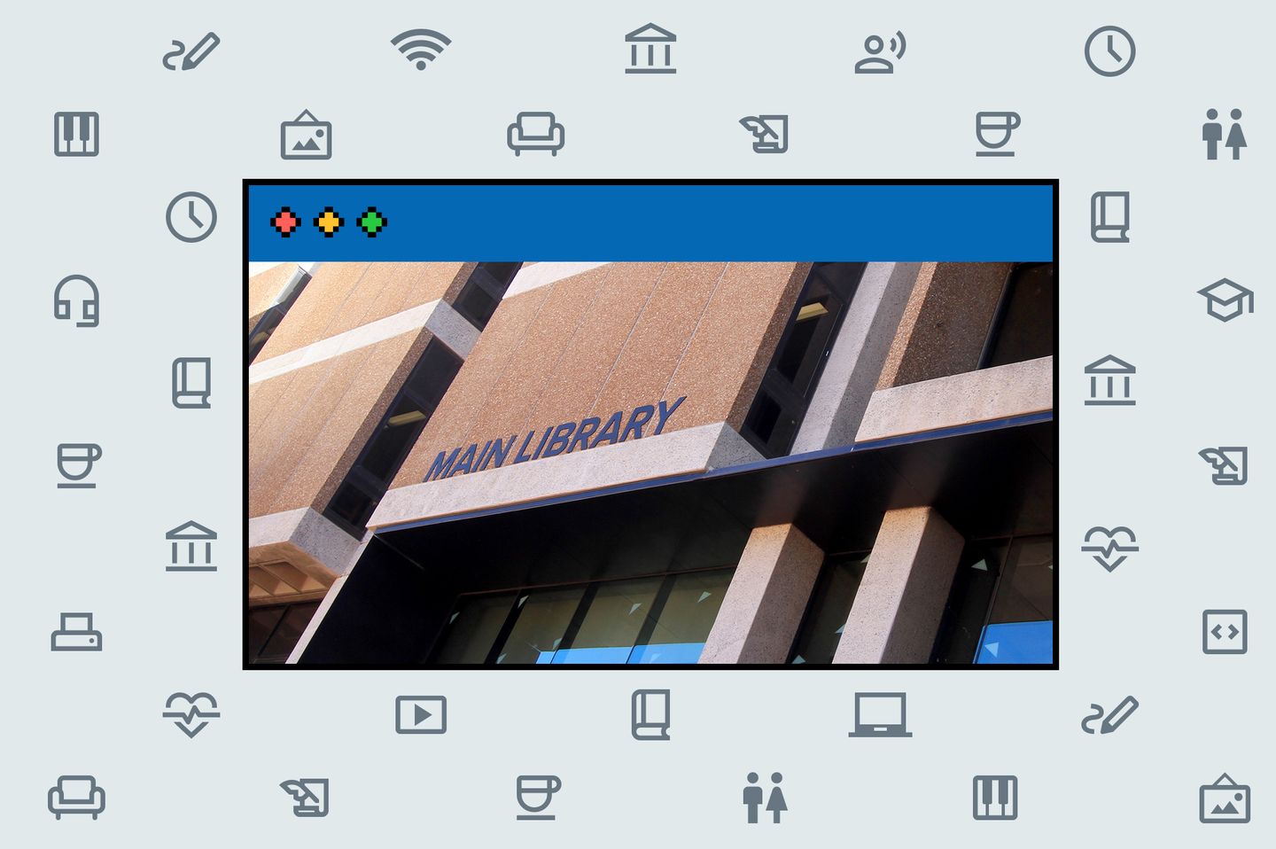 Illustration of a browser window with a photo of a library building surrounded by symbols indicating library use cases
