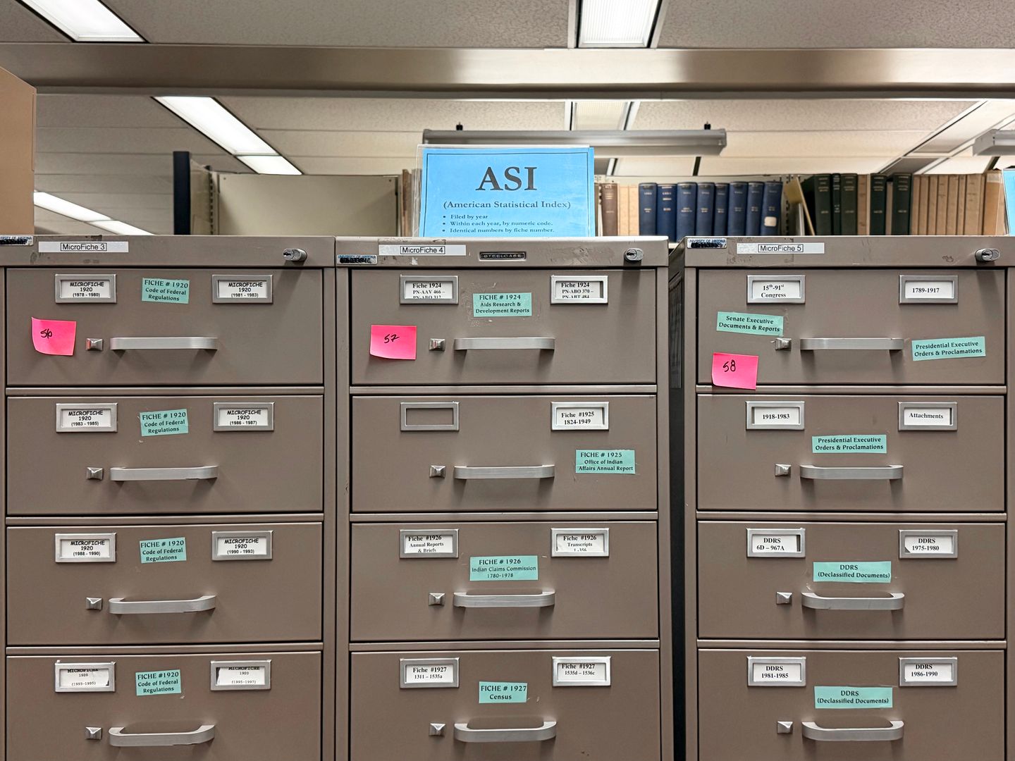 Old signs of different sizes on a chest that says ASI in the library space