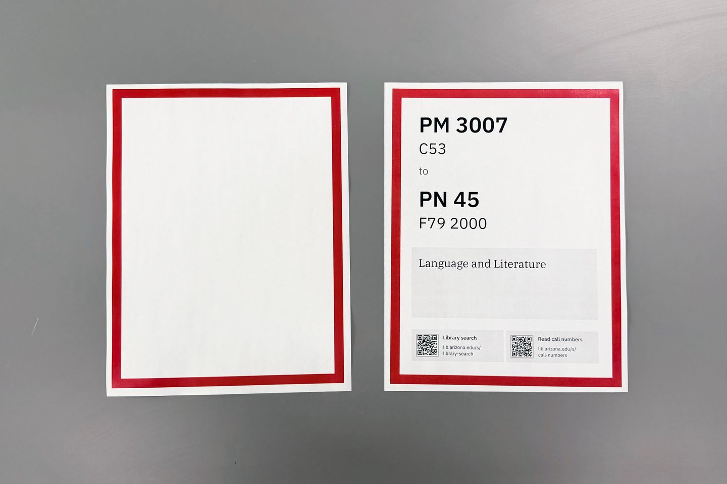 Printed frame and frame with content for a language and literature stack's eye-level sign