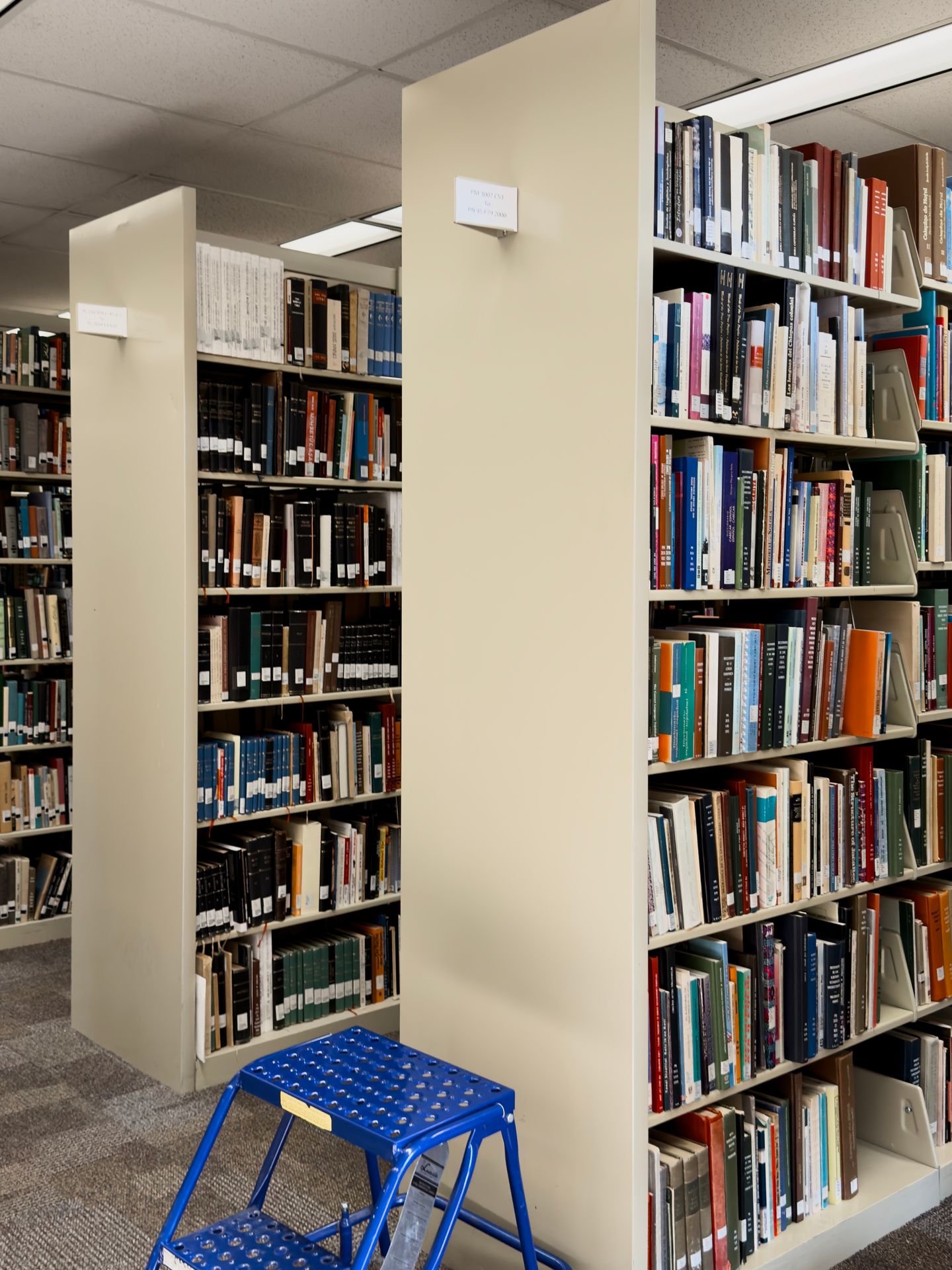 Library stacks filled with books with a stepping stool placed nearby