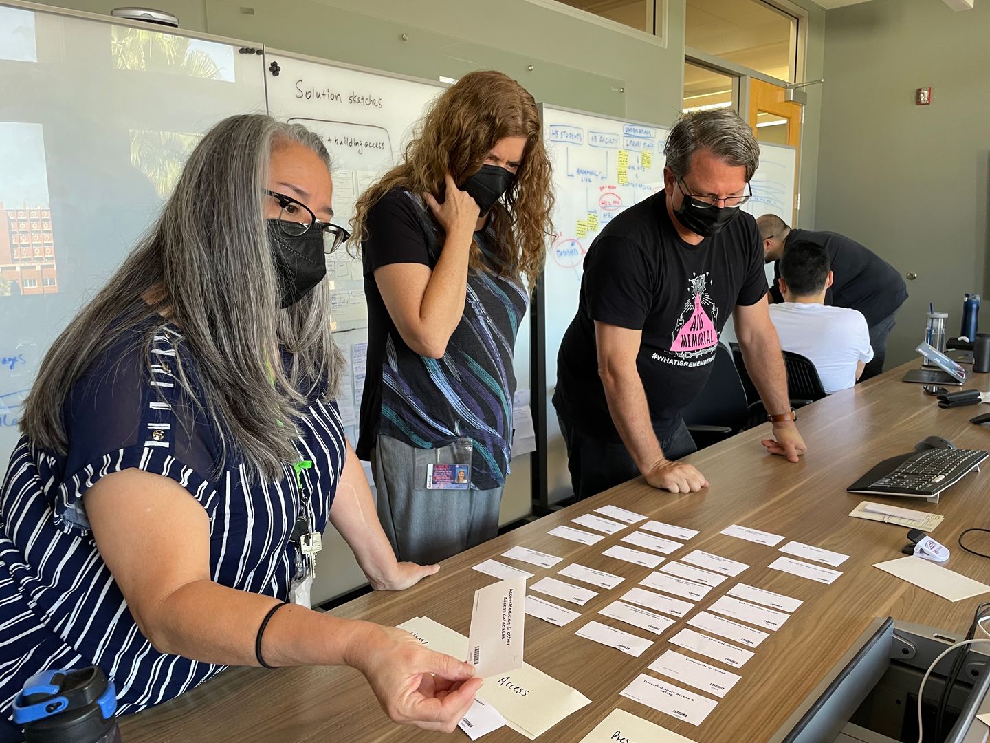 Three people organizing cards printed with webpage names