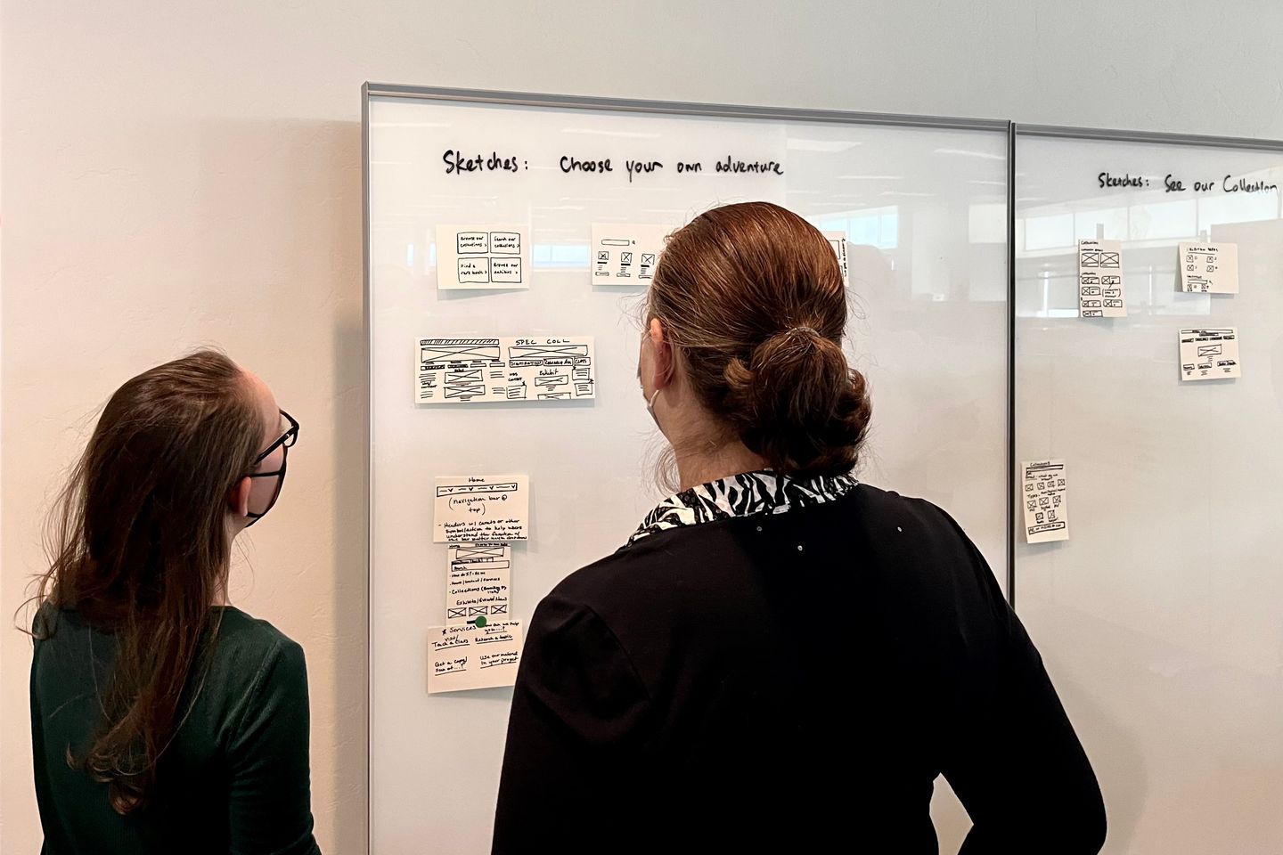 Two people standing in front of two whiteboards. Sketches on index cards are taped to the whiteboards.