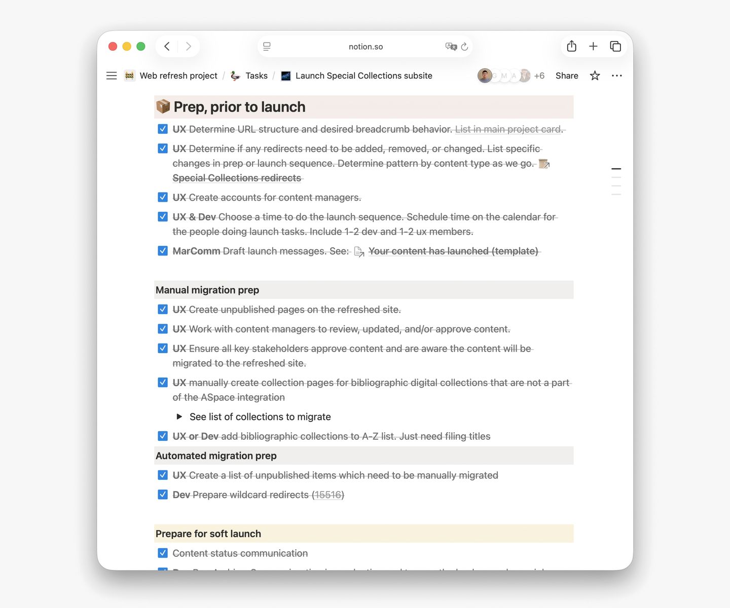 A list of tasks highlighting steps to launch a website, with different teams such as UX and Dev tagged