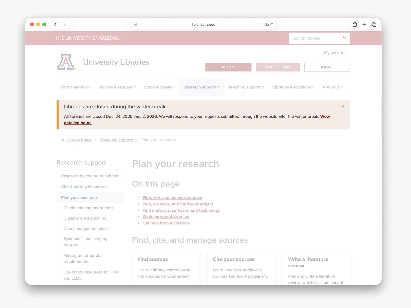 Screenshot of a library webpage that includes a winter closure alert