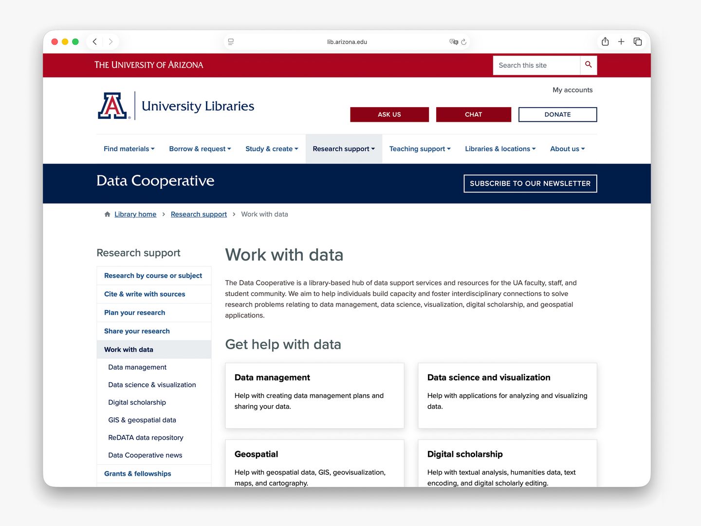 Screenshot of the Data Cooperative section landing page
