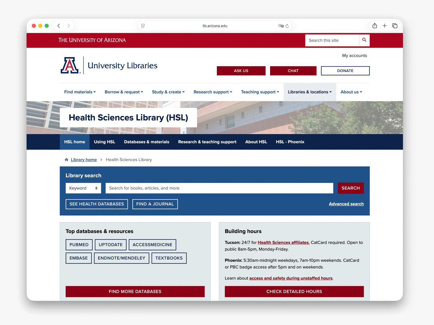 Screenshot of the Health Sciences Library website homepage