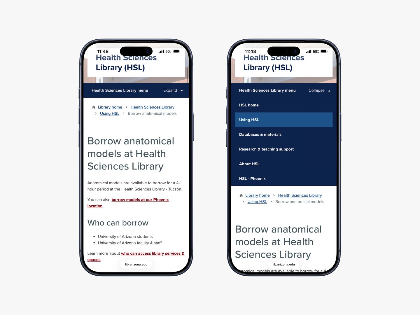 Two screenshots of a Health Sciences Library page viewed on a mobile device showcasing the collapsible navigation