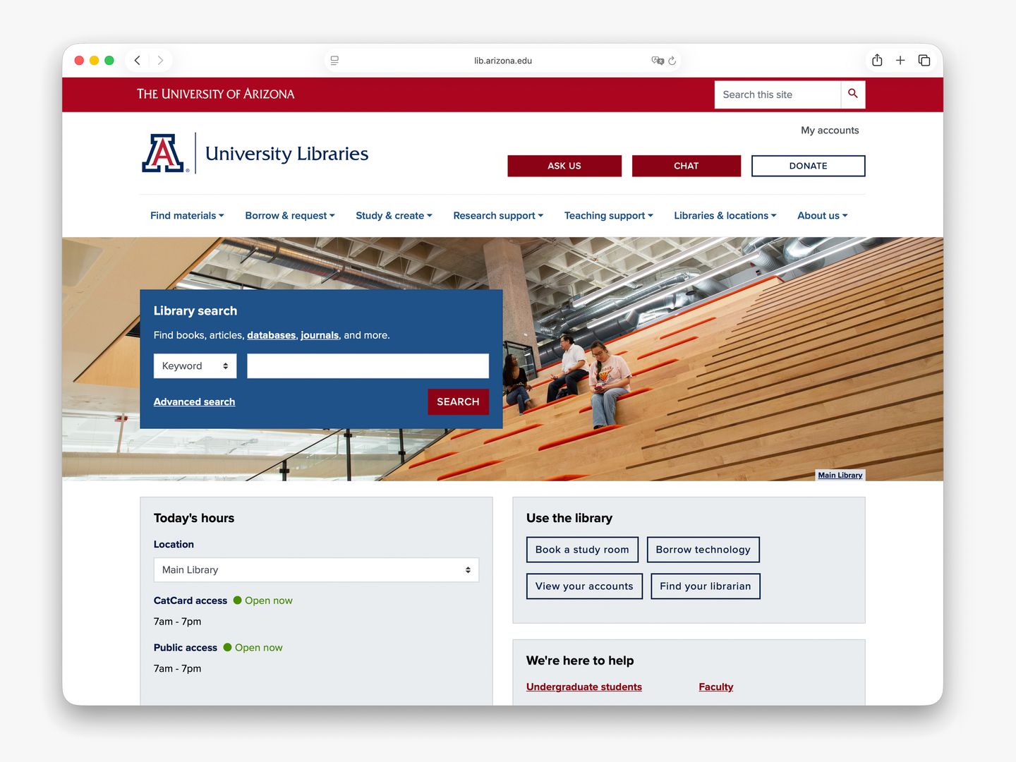 Screenshot of the University of Arizona Libraries website homepage