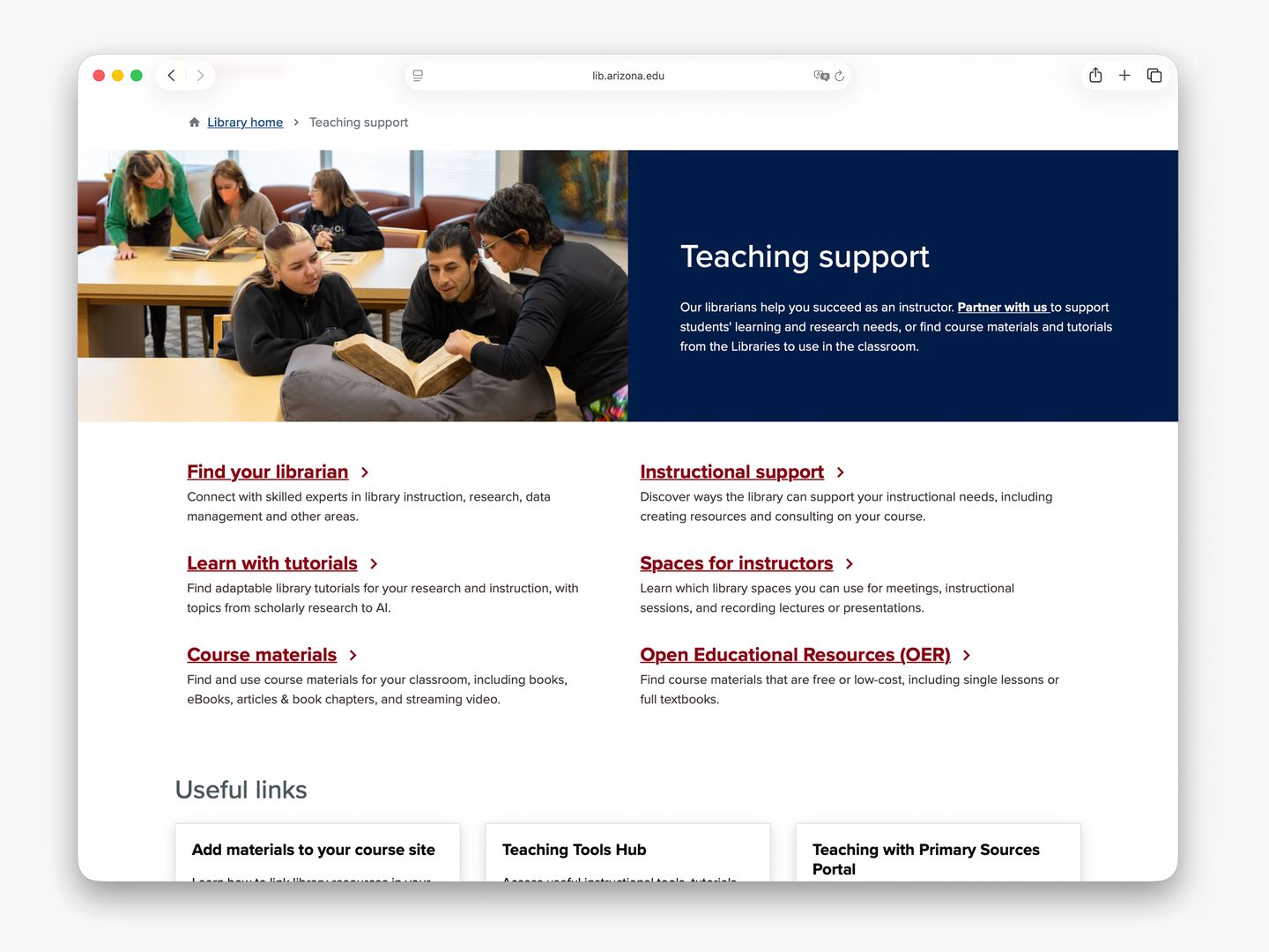 Screenshot of the University of Arizona Libraries website's Teaching support page