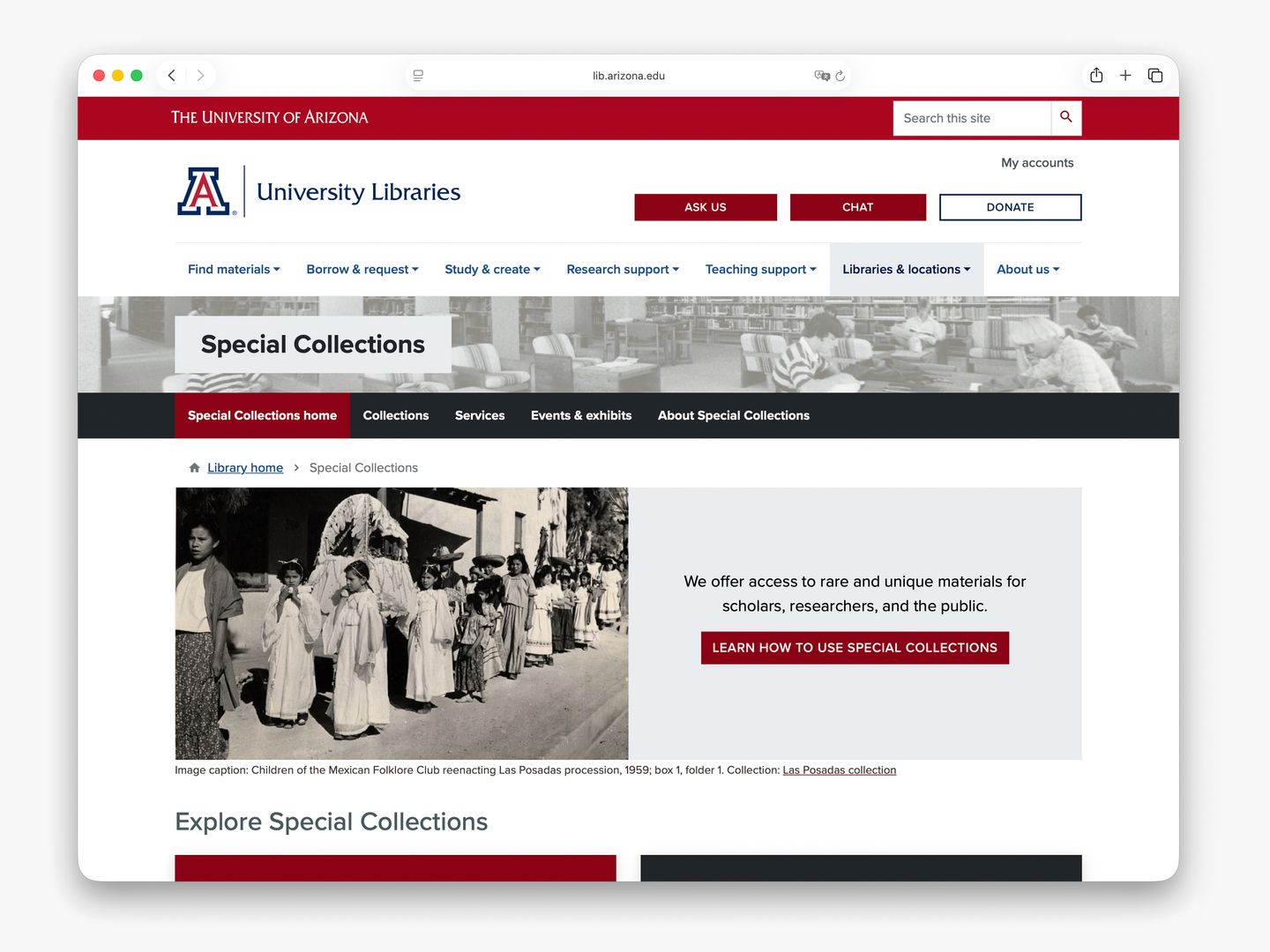 Screenshot of the Special Collections website homepage
