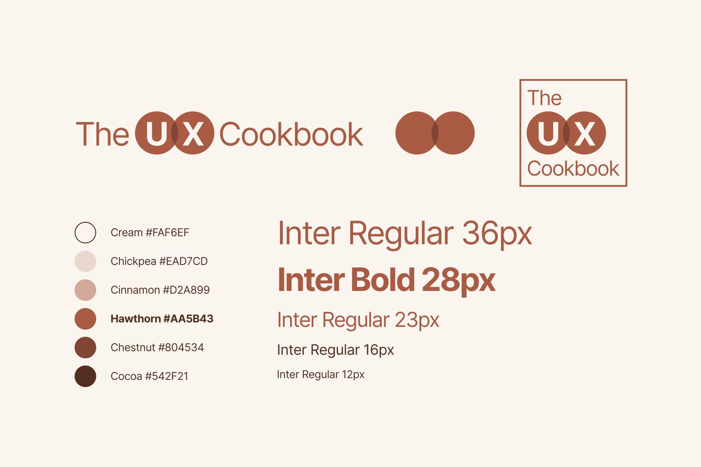 The UX Cookbook’s design reference sheet, including logos, a color palette, and typography