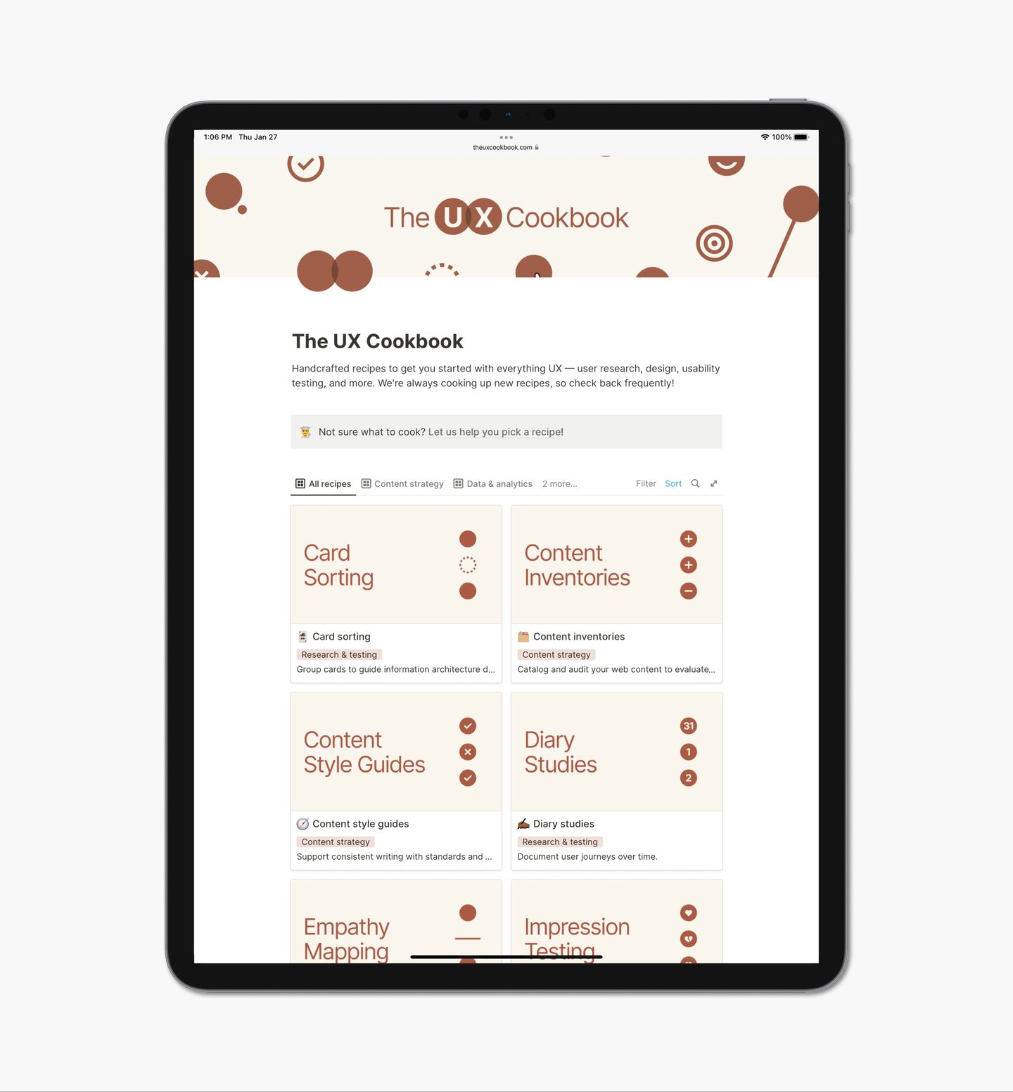 The UX Cookbook webiste displayed on an iPad